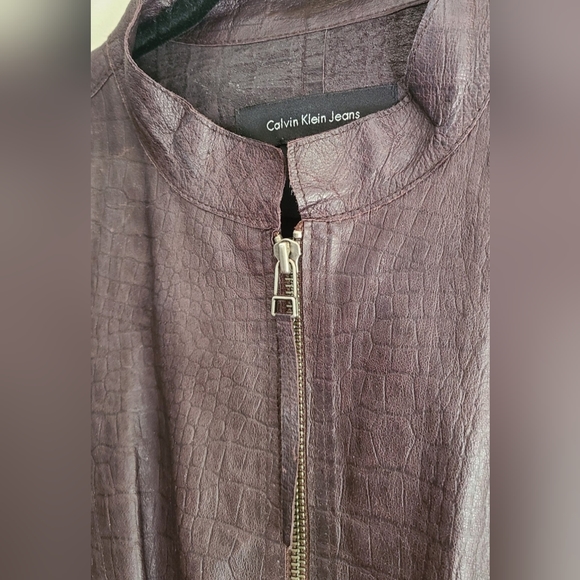 Calvin Klein Jeans genuine leather moto jacket, brown, women's large - Picture 4 of 8